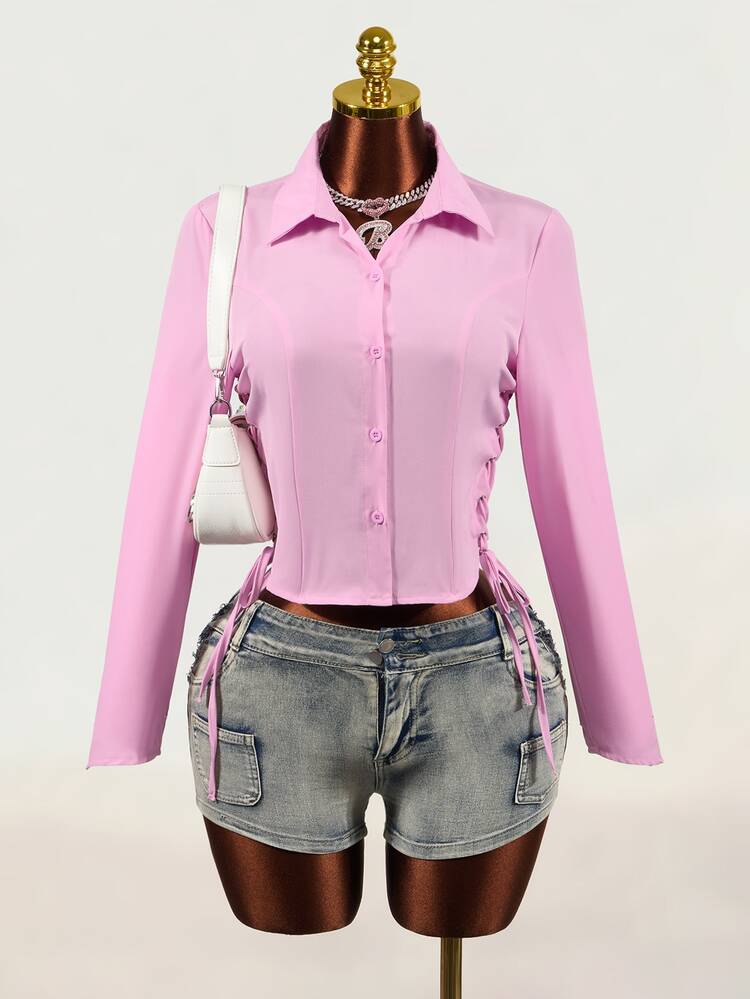 Mistrie Women's Fashion Button Cinched Waist Long Sleeve Shirt - Pink - View 6