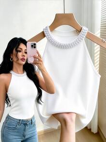GlowEve CURVE Women's Large-Sized White Ribbed Pearl Collar Sleeveless Casual Daily Commuting Outing, Datewear Cardigan. Elegant, Pearl, Fashionable, Summer Top. - White - View 1