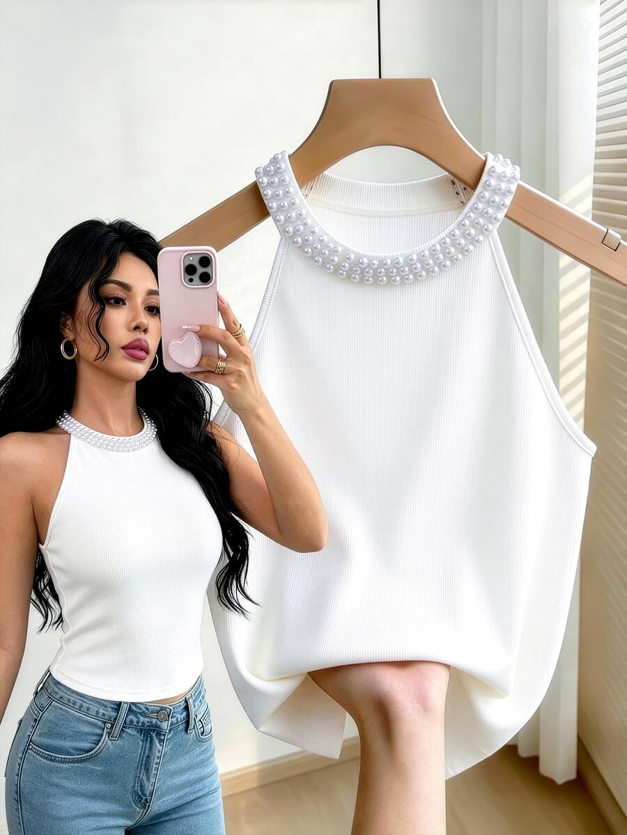 GlowEve CURVE Women's Large-Sized White Ribbed Pearl Collar Sleeveless Casual Daily Commuting Outing, Datewear Cardigan. Elegant, Pearl, Fashionable, Summer Top. - White - View 1