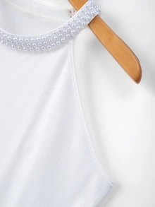 GlowEve CURVE Women's Large-Sized White Ribbed Pearl Collar Sleeveless Casual Daily Commuting Outing, Datewear Cardigan. Elegant, Pearl, Fashionable, Summer Top. - White - View 6