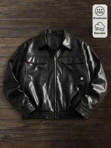HIMLAND Men's Solid Color PU Leather Fashion Versatile Daily Streetwear Casual Jacket, Black Autumn Zip Jacket, For Date Night, Vacation, Spring, Outdoor - Black - View 8