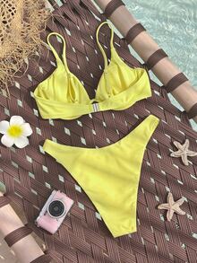 SHEIN Swim 新款春夏黄色钢圈比基尼，性感女士泳装，适合海滩、度假、约会，清新可爱 - 黃色 - 查看 7