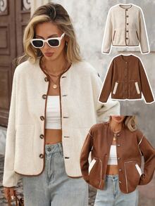 Brillora Reversible Suede Sherpa Button Jacket Brown Cream For Gathering Shopping Urban Style,Two‑Way Wear,Faux Suede,Daily Commute,Fall Winter,Country - Beige - View 9