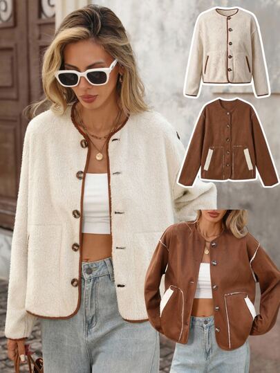 Brillora Reversible Suede Sherpa Button Jacket Brown Cream For Gathering Shopping Urban Style,Two‑Way Wear,Faux Suede,Daily Commute,Fall Winter,Country