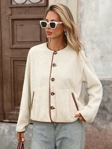 Brillora Reversible Suede Sherpa Button Jacket Brown Cream For Gathering Shopping Urban Style,Two‑Way Wear,Faux Suede,Daily Commute,Fall Winter,Country - Beige - View 7