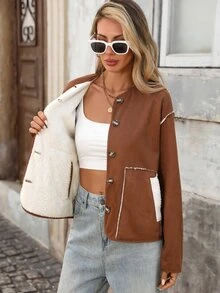 Brillora Reversible Suede Sherpa Button Jacket Brown Cream For Gathering Shopping Urban Style,Two‑Way Wear,Faux Suede,Daily Commute,Fall Winter,Country - Beige - View 4