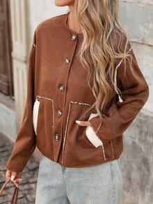 Brillora Reversible Suede Sherpa Button Jacket Brown Cream For Gathering Shopping Urban Style,Two‑Way Wear,Faux Suede,Daily Commute,Fall Winter,Country - Beige - View 11