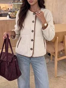 Brillora Reversible Suede Sherpa Button Jacket Brown Cream For Gathering Shopping Urban Style,Two‑Way Wear,Faux Suede,Daily Commute,Fall Winter,Country - Beige - View 1