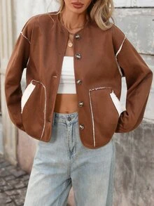 Brillora Reversible Suede Sherpa Button Jacket Brown Cream For Gathering Shopping Urban Style,Two‑Way Wear,Faux Suede,Daily Commute,Fall Winter,Country - Beige - View 3