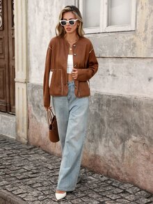 Brillora Reversible Suede Sherpa Button Jacket Brown Cream For Gathering Shopping Urban Style,Two‑Way Wear,Faux Suede,Daily Commute,Fall Winter,Country - Beige - View 5
