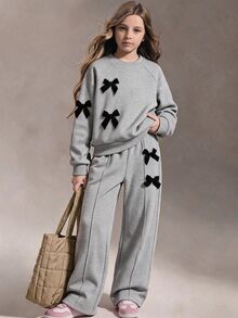 青少年女孩 2件組 灰色圓領長袖上衣與寬腿褲，附蝴蝶結裝飾，秋冬時尚套裝 - 灰色 - 查看 2