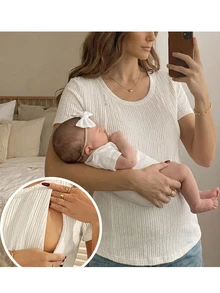 孕妇哺乳纯色圆领短袖T恤 - 杏色 - 查看 5