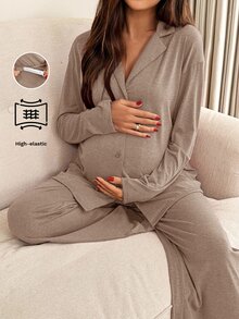 2件組孕婦純色鈕扣前開長袖上衣與長褲家居服套裝 女士睡衣 孕婦家居套裝 兩件式孕婦服套裝 - 卡其色 - 查看 7