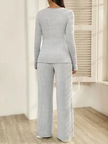 2pcs Maternity Solid Ribbed Nursing Long Sleeve T-Shirt And Adjustable Waist Pants Casual Set - Grey - View 2
