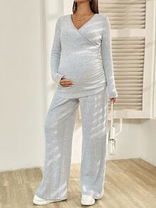 2pcs Maternity Solid Ribbed Nursing Long Sleeve T-Shirt And Adjustable Waist Pants Casual Set - Grey - View 6