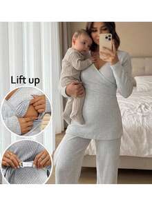 2pcs Maternity Solid Ribbed Nursing Long Sleeve T-Shirt And Adjustable Waist Pants Casual Set - Grey - View 1