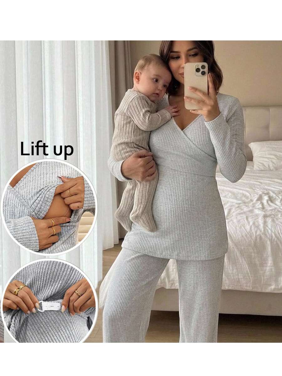 2pcs Maternity Solid Ribbed Nursing Long Sleeve T-Shirt And Adjustable Waist Pants Casual Set - Grey - View 1