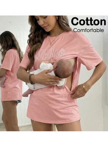 Top de lactancia de cuello redondo de manga corta con estampado simple para maternidad - Rosa - Ver 8