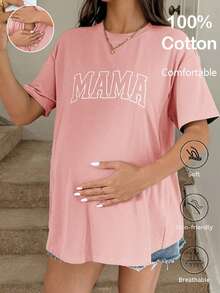 Top de lactancia de cuello redondo de manga corta con estampado simple para maternidad - Rosa - Ver 3