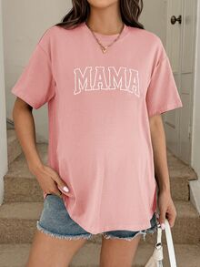 Top de lactancia de cuello redondo de manga corta con estampado simple para maternidad - Rosa - Ver 4