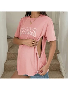 Top de lactancia de cuello redondo de manga corta con estampado simple para maternidad - Rosa - Ver 2