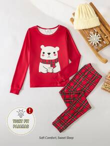SHEIN Tween Girl Autumn/Winter Christmas Pajamas Snug Fit Long Sleeve Pants Bear Tight Pajama - Red - View 4