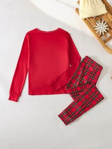 SHEIN Tween Girl Autumn/Winter Christmas Pajamas Snug Fit Long Sleeve Pants Bear Tight Pajama - Red - View 3