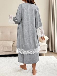 2件套孕妇对比色蕾丝长袖睡袍和吊带哺乳睡衣套装 - 灰色 - 查看 7