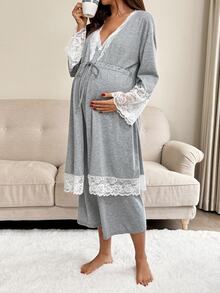 2件套孕妇对比色蕾丝长袖睡袍和吊带哺乳睡衣套装 - 灰色 - 查看 6