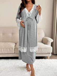 2件套孕妇对比色蕾丝长袖睡袍和吊带哺乳睡衣套装 - 灰色 - 查看 8