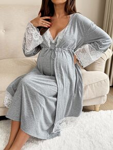 2件套孕妇对比色蕾丝长袖睡袍和吊带哺乳睡衣套装 - 灰色 - 查看 2