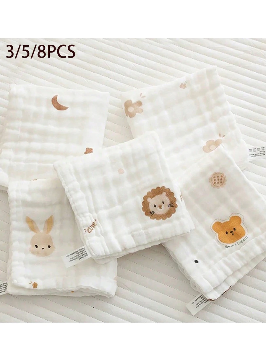 3/5/8件装随机图案卡通可爱婴儿围兜，新生儿纯棉柔软小方巾，婴儿专用洗脸巾，儿童纱布巾 - 白色 - 查看 1