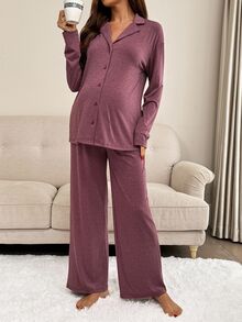 2 件孕妇纯色休闲长袖上衣和裤子套装高弹力睡衣勃艮第家居服女士睡衣女士孕妇套装 2 件套休闲套装女士紫色暮光 - 彩色 - 查看 6