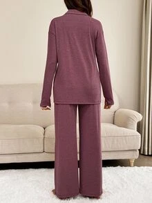 2 件孕妇纯色休闲长袖上衣和裤子套装高弹力睡衣勃艮第家居服女士睡衣女士孕妇套装 2 件套休闲套装女士紫色暮光 - 彩色 - 查看 3