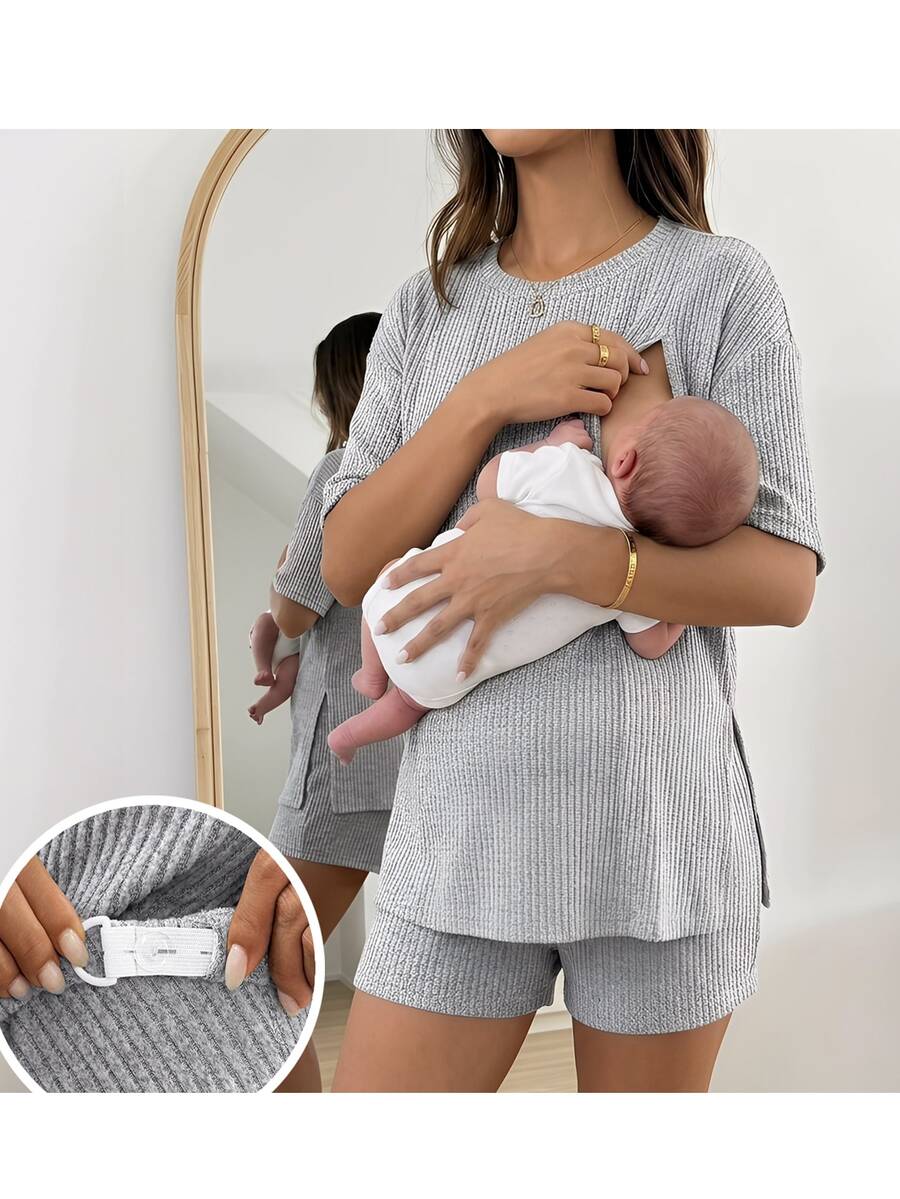 Maternity Clothes Maternity Nursing Two-Piece Setpcs Summer Pregnant Clothes Gray Maternity And Nursing Two-Piece Set, Highly Elastic, Comfortable And Soft, Suitable For Everyday Casual Wear - Grey - View 1