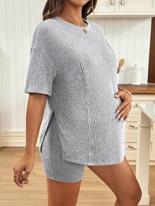 Maternity Clothes Maternity Nursing Two-Piece Setpcs Summer Pregnant Clothes Gray Maternity And Nursing Two-Piece Set, Highly Elastic, Comfortable And Soft, Suitable For Everyday Casual Wear - Grey - View 5