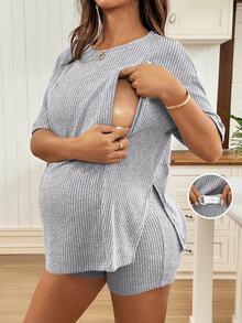 Maternity Clothes Maternity Nursing Two-Piece Setpcs Summer Pregnant Clothes Gray Maternity And Nursing Two-Piece Set, Highly Elastic, Comfortable And Soft, Suitable For Everyday Casual Wear - Grey - View 2