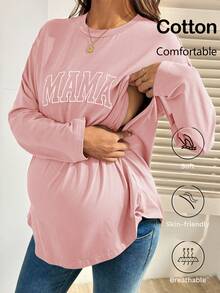 Letter Print Crew Neck Long Sleeve Nursing Top Mama Shirt Pregnancy Shirts Maternity Shirts Breastfeeding Shirt Nursing Tops - Pink - View 2