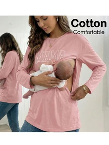 Letter Print Crew Neck Long Sleeve Nursing Top Mama Shirt Pregnancy Shirts Maternity Shirts Breastfeeding Shirt Nursing Tops - Pink - View 1