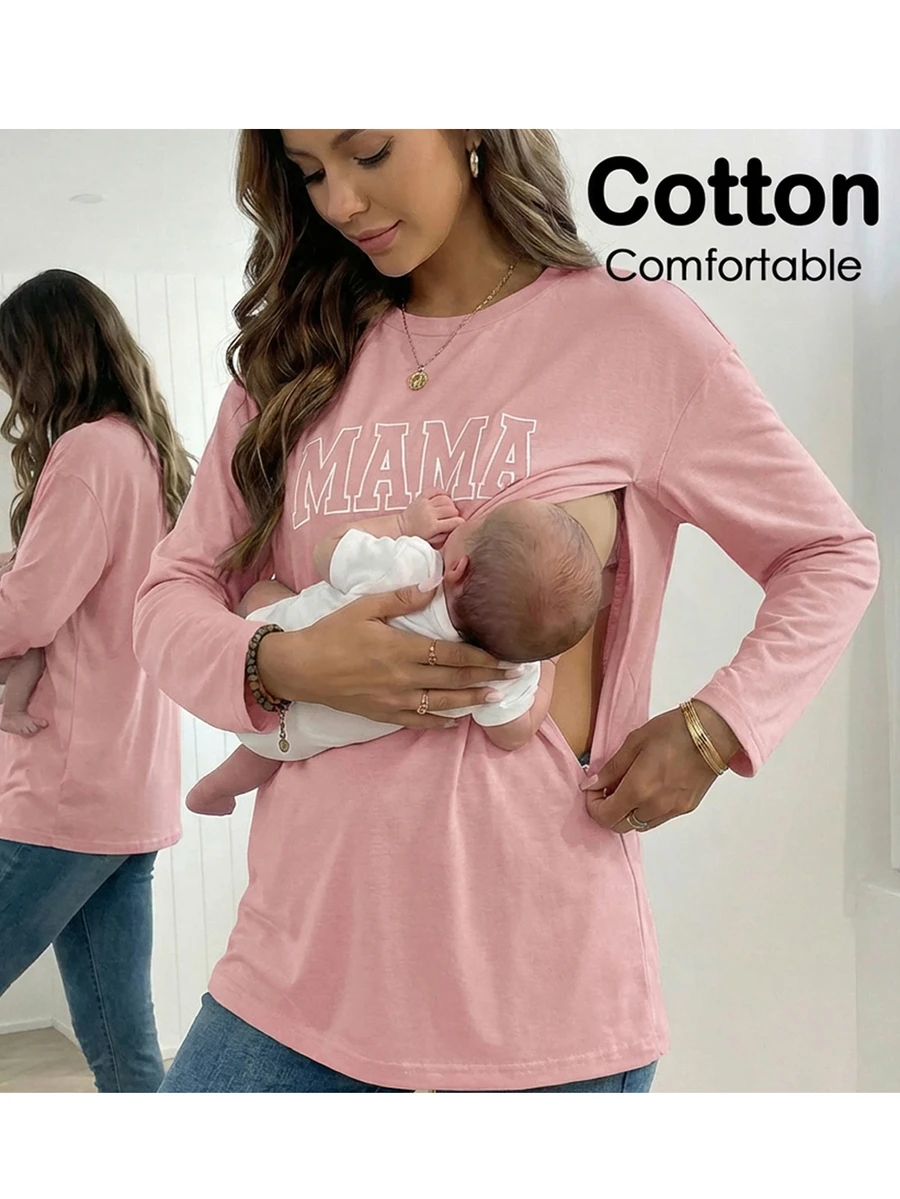 Letter Print Crew Neck Long Sleeve Nursing Top Mama Shirt Pregnancy Shirts Maternity Shirts Breastfeeding Shirt Nursing Tops - Pink - View 1