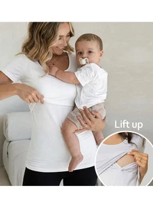 夏季孕妇休闲纯色短袖哺乳T恤 - 白色 - 查看 1