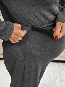 2pcs Maternity Solid Color Lapel NeckLong Sleeve Single-Breasted Top And Pants Casual Suit - Dark Grey - View 4