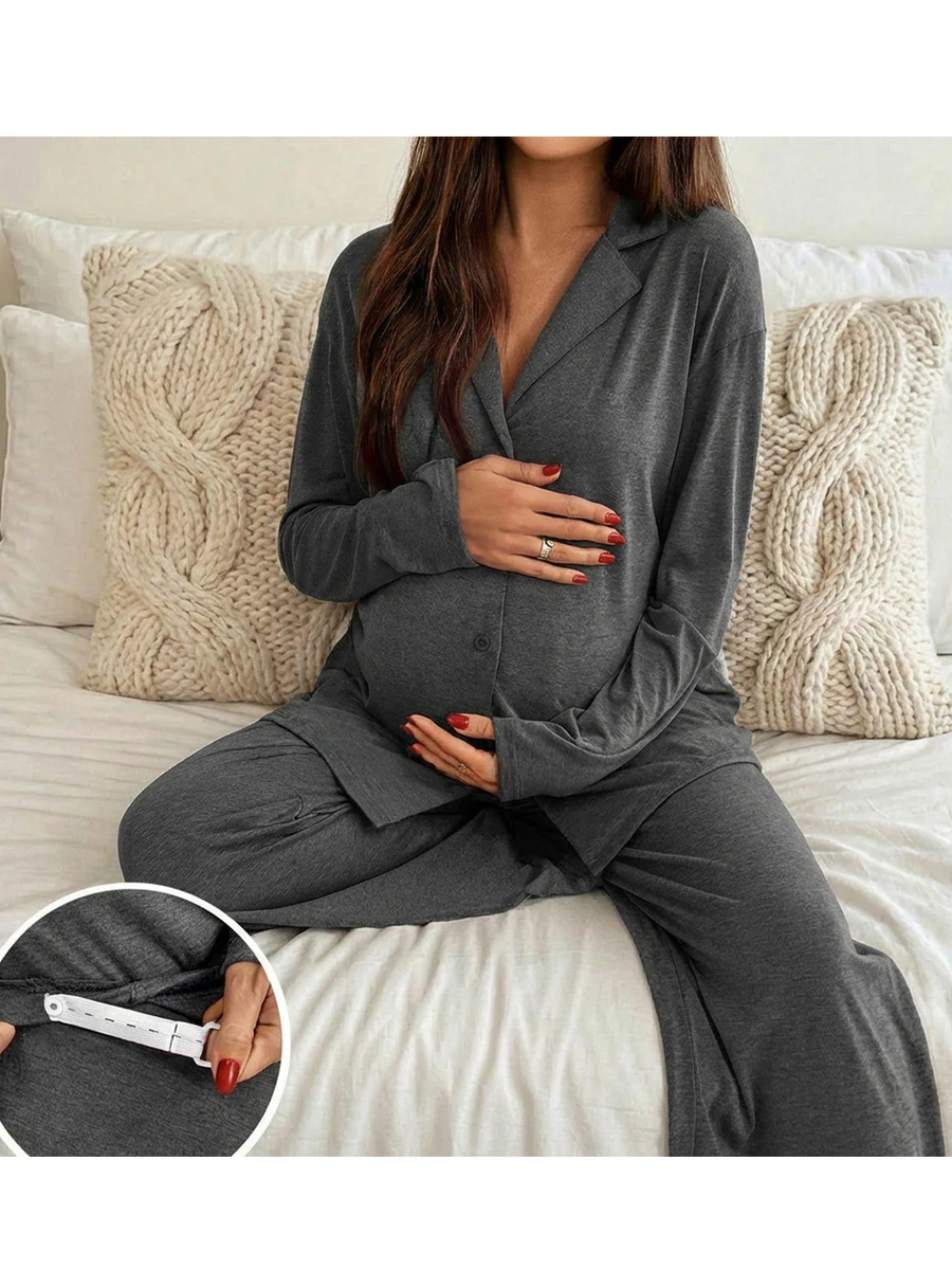 2pcs Maternity Solid Color Lapel NeckLong Sleeve Single-Breasted Top And Pants Casual Suit - Dark Grey - View 1