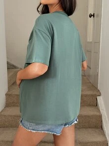 哺乳圆领落肩字母印花休闲夏季上衣度假装图案T恤 - 綠色 - 查看 6