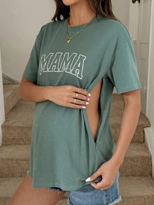 哺乳圆领落肩字母印花休闲夏季上衣度假装图案T恤 - 綠色 - 查看 2