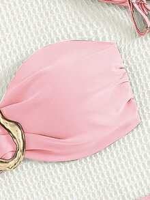 Swim Basics 女款海灘度假休閒全黑可拆卸細肩帶高腰長褲配金屬飾件比基尼套裝 - 粉色 - 查看 3
