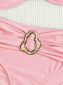 Swim Basics 女款海灘度假休閒全黑可拆卸細肩帶高腰長褲配金屬飾件比基尼套裝 - 粉色 - 查看 5