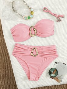 Swim Basics 女款海灘度假休閒全黑可拆卸細肩帶高腰長褲配金屬飾件比基尼套裝 - 粉色 - 查看 6
