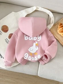 LMoss Kids 女嬰可愛卡通鴨子連帽套頭衛衣，保暖內裡長袖秋冬運動衫 - 粉色 - 查看 4
