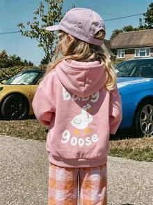 LMoss Kids 女嬰可愛卡通鴨子連帽套頭衛衣，保暖內裡長袖秋冬運動衫 - 粉色 - 查看 2